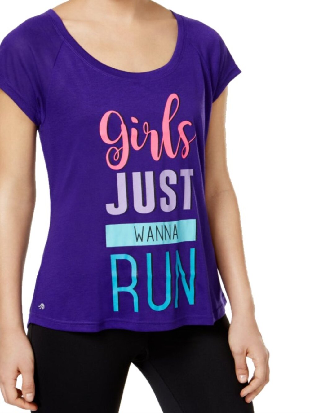 Ideology Womens Girl Just Wanna Run Graphic Print Short Sleeves T-Shirt